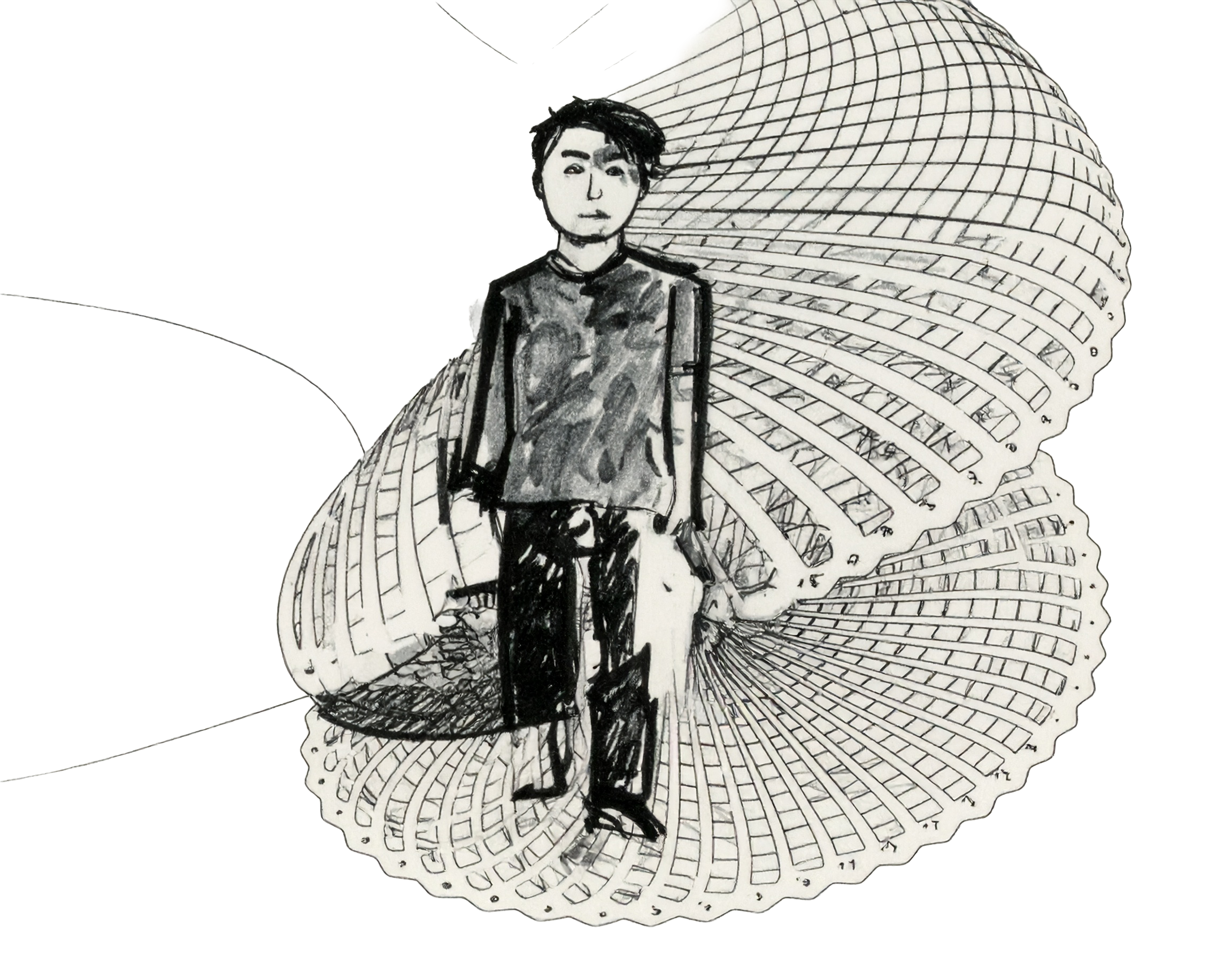 A sketch of a person standing in front of a wire sculpture